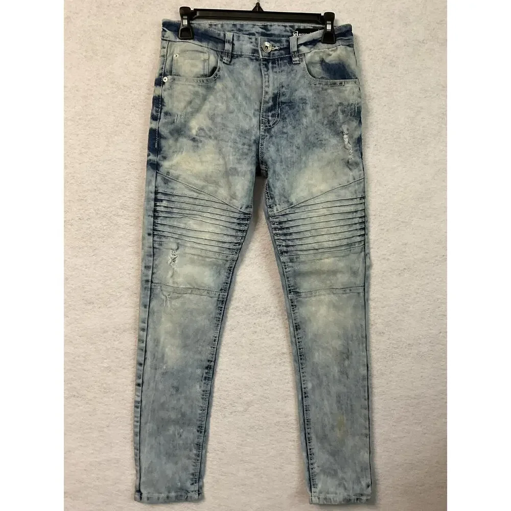 Essentials Jeans Mens 30x30 Skinny Moto Biker Acid Wash Ribbed Knees Distressed
